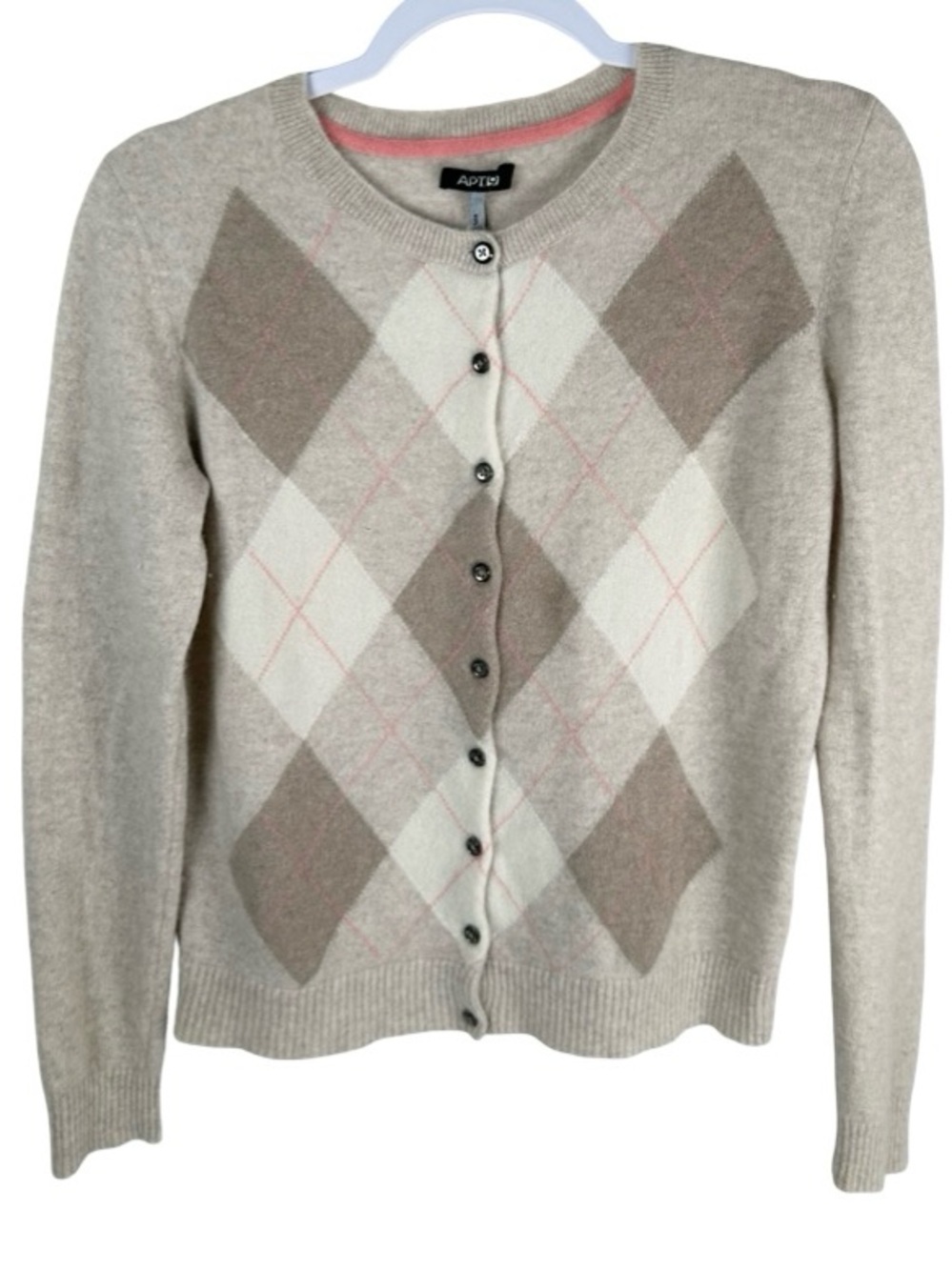 Apt 9 Beige Argyle 100% Cashmere Button Cardigan Sweater women’s Small